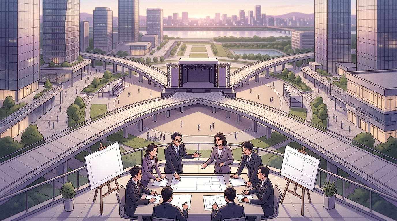 Illustration of government and industry representatives planning a large-scale K-pop festival