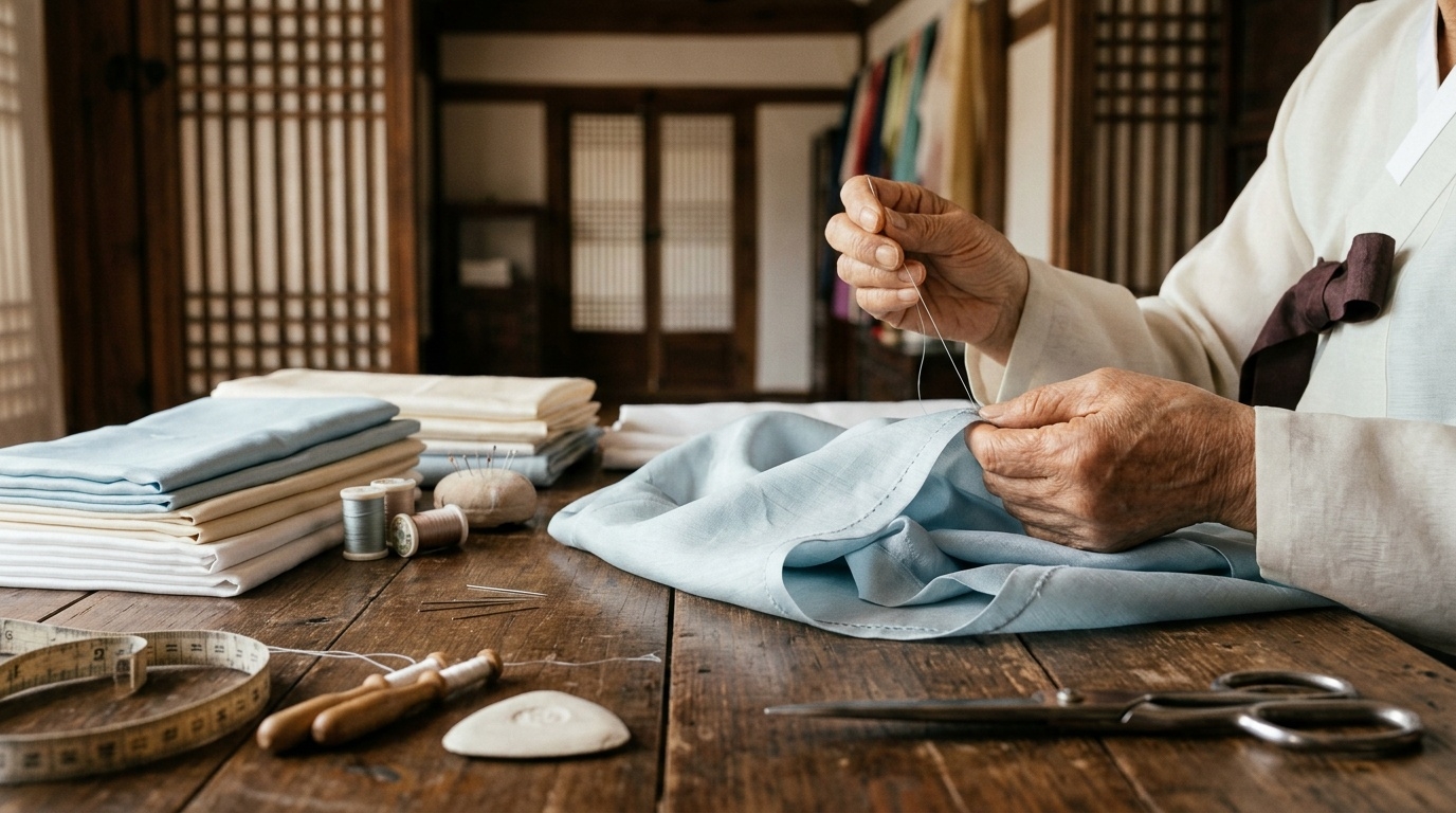 Hanbok artisan hand-stitching pale blue silk