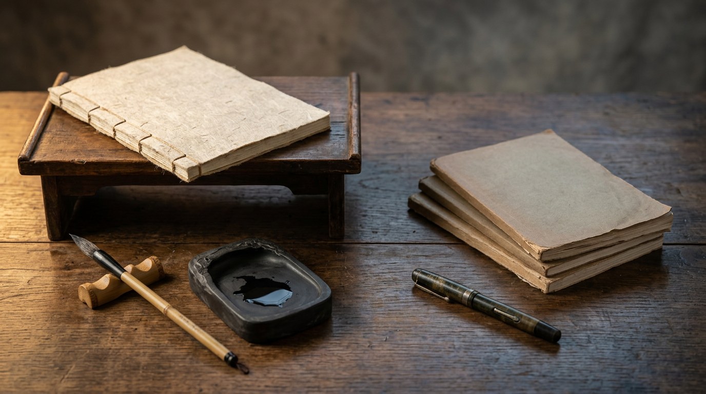 Thread-bound book, brush and inkstone on a wooden desk evoking the history of the Korean alphabet