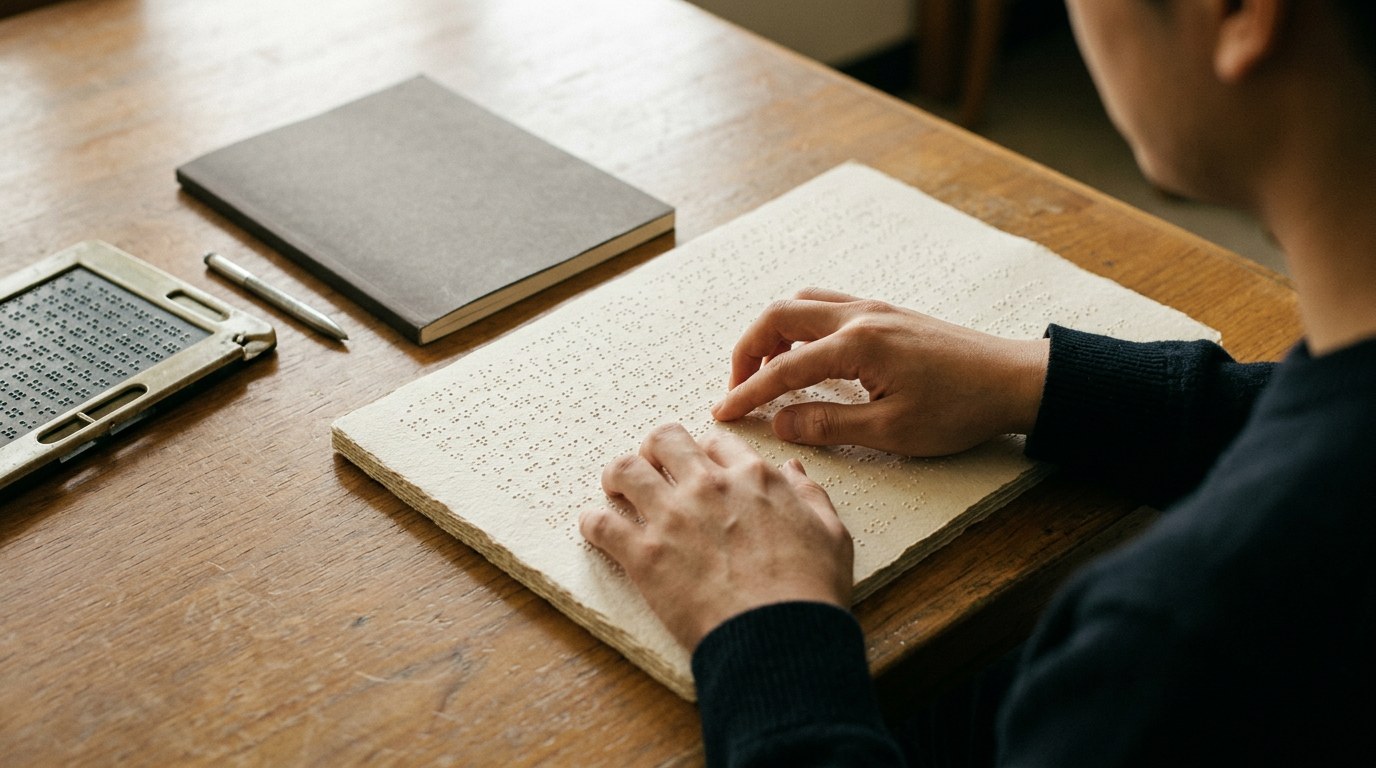 Hands reading a sheet of braille dots beside a braille slate and stylus