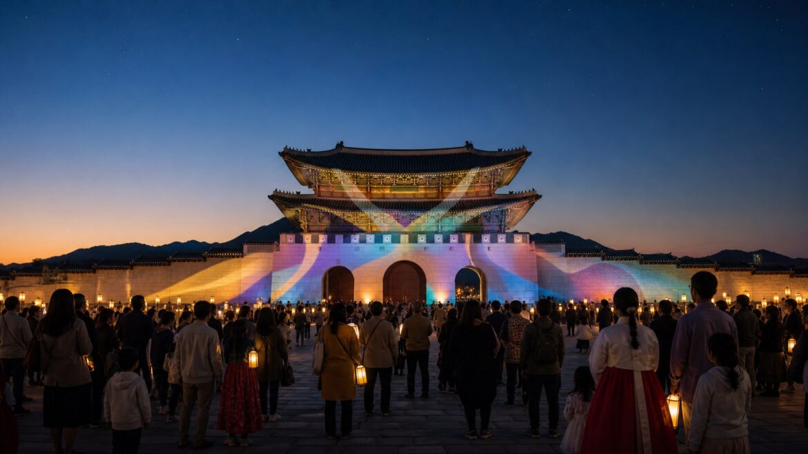 Twilight crowd at Gwanghwamun Gate during Hangul Day celebrations in Seoul