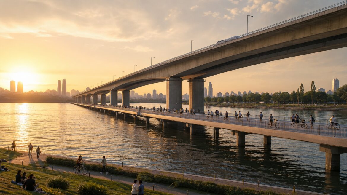 Jamsu Bridge and Banpo Bridge over the Han River in Seoul, showing the planned car-free pedestrian conversion