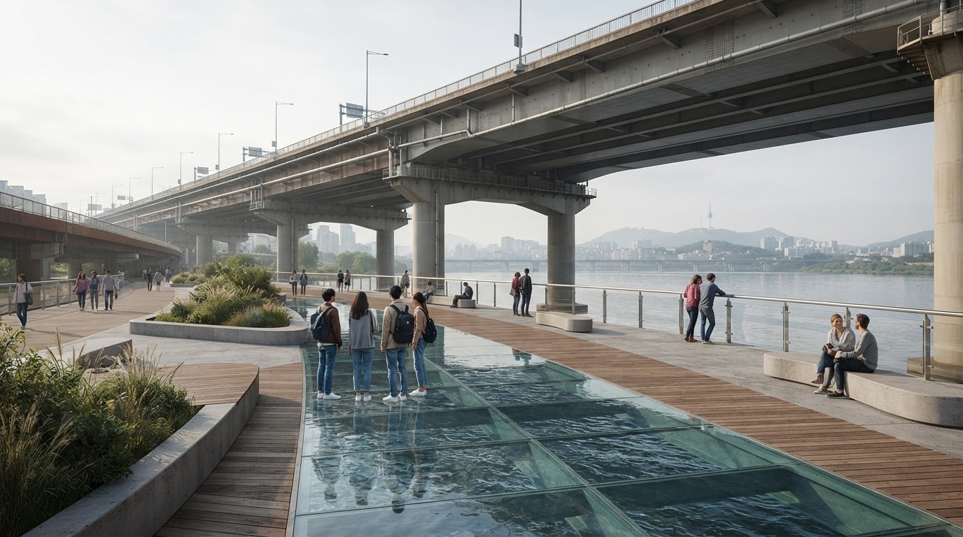 Concept visualization of the planned glass-floor viewing deck on Jamsu Bridge after redevelopment