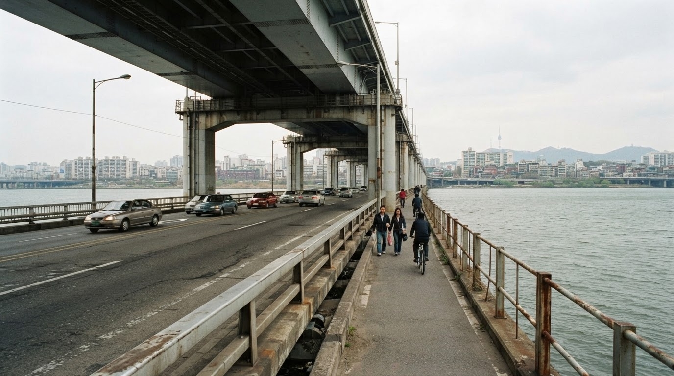 Jamsu Bridge during its shared-use era, with cars and pedestrians using separate lanes
