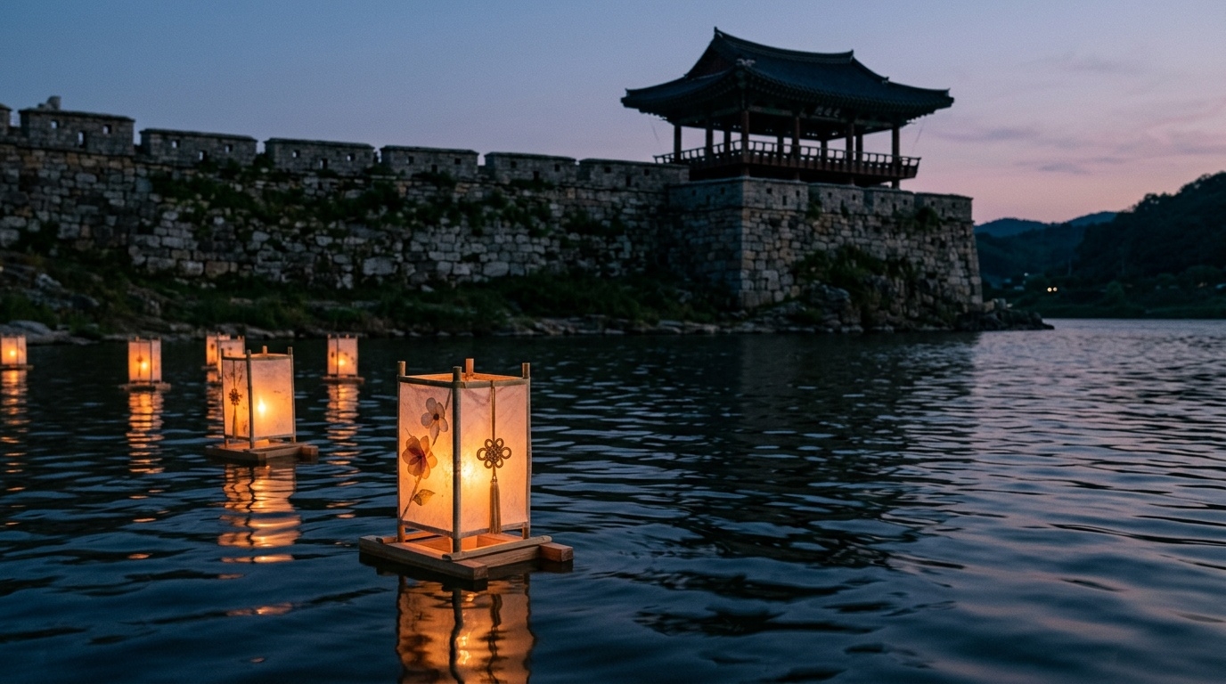 Traditional floating lanterns on the Namgang River beneath the stone walls of Jinjuseong Fortress at dusk