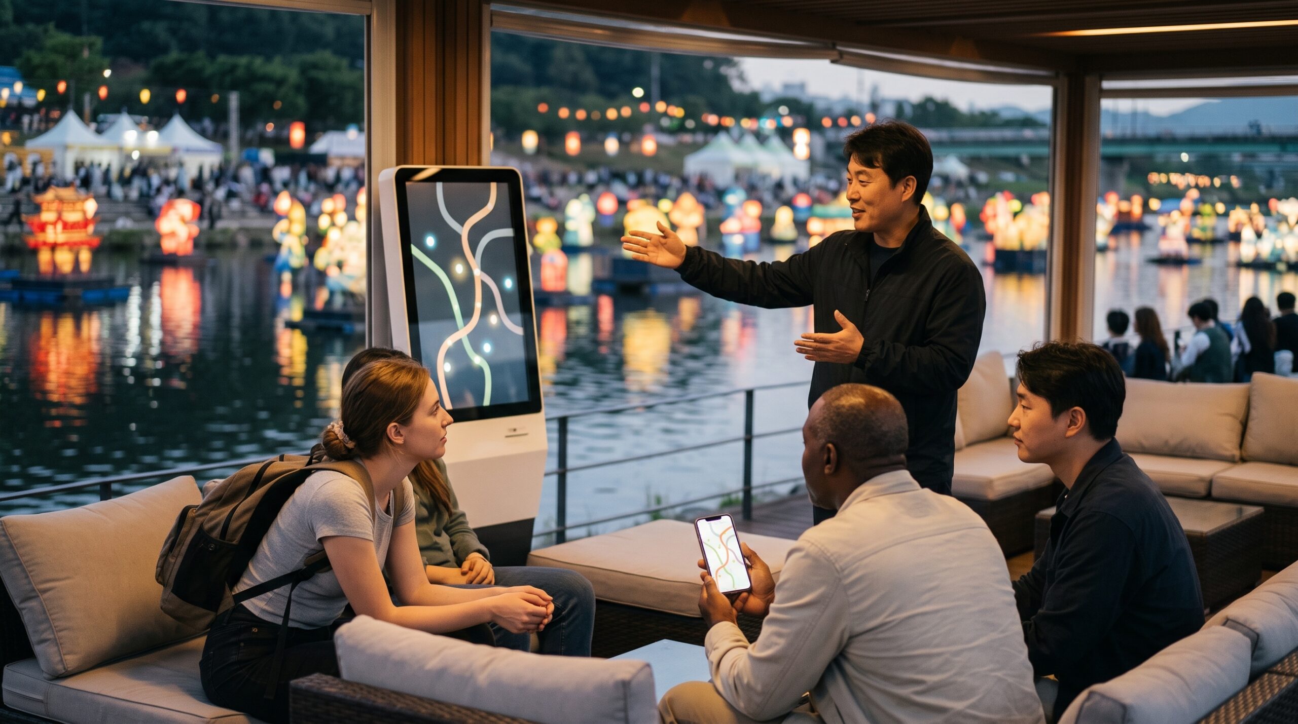 A local guide helping international visitors navigate the Jinju Namgang Lantern Festival using a multilingual kiosk