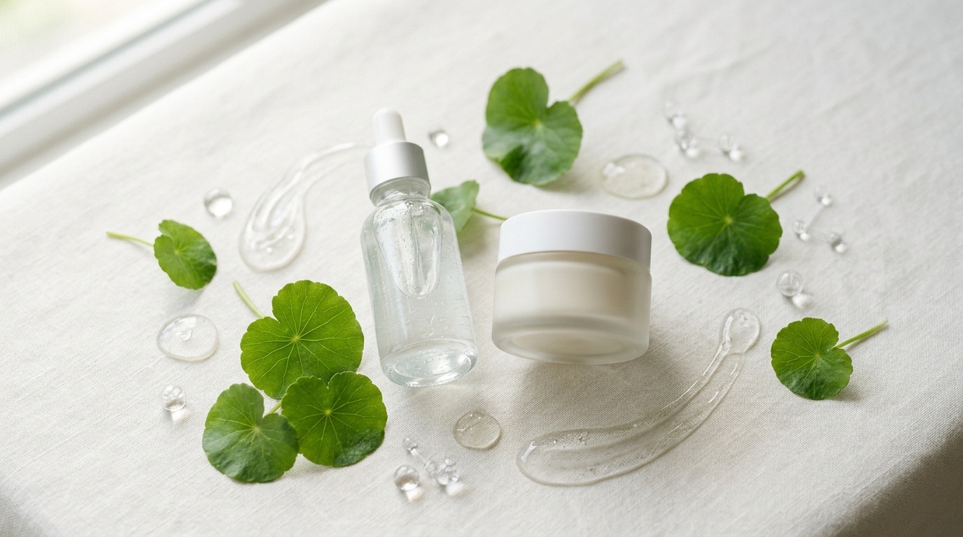 K-beauty skincare ingredients flat lay with centella and serum