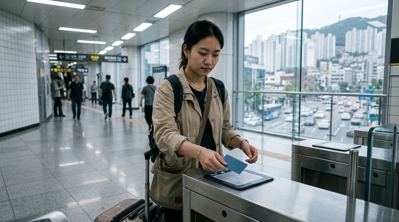 International traveler using K-Tour Pass transit card in Busan