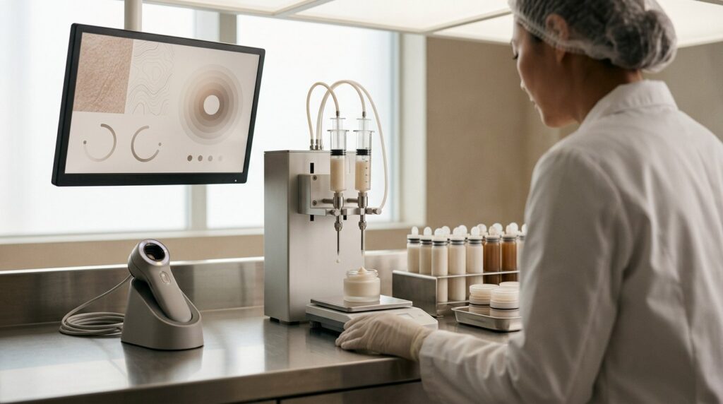 A specialist overseeing an automated dispenser filling a small jar beside a skin analysis device