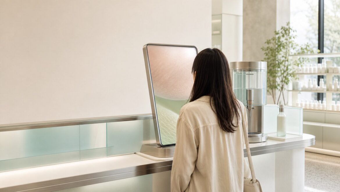 A shopper seen from behind at an AI skin analysis station in a bright Korean cosmetics store