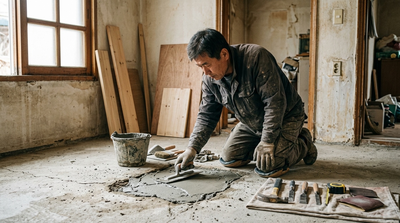 Kim Min repairing a cracked cement floor in his Dongducheon home