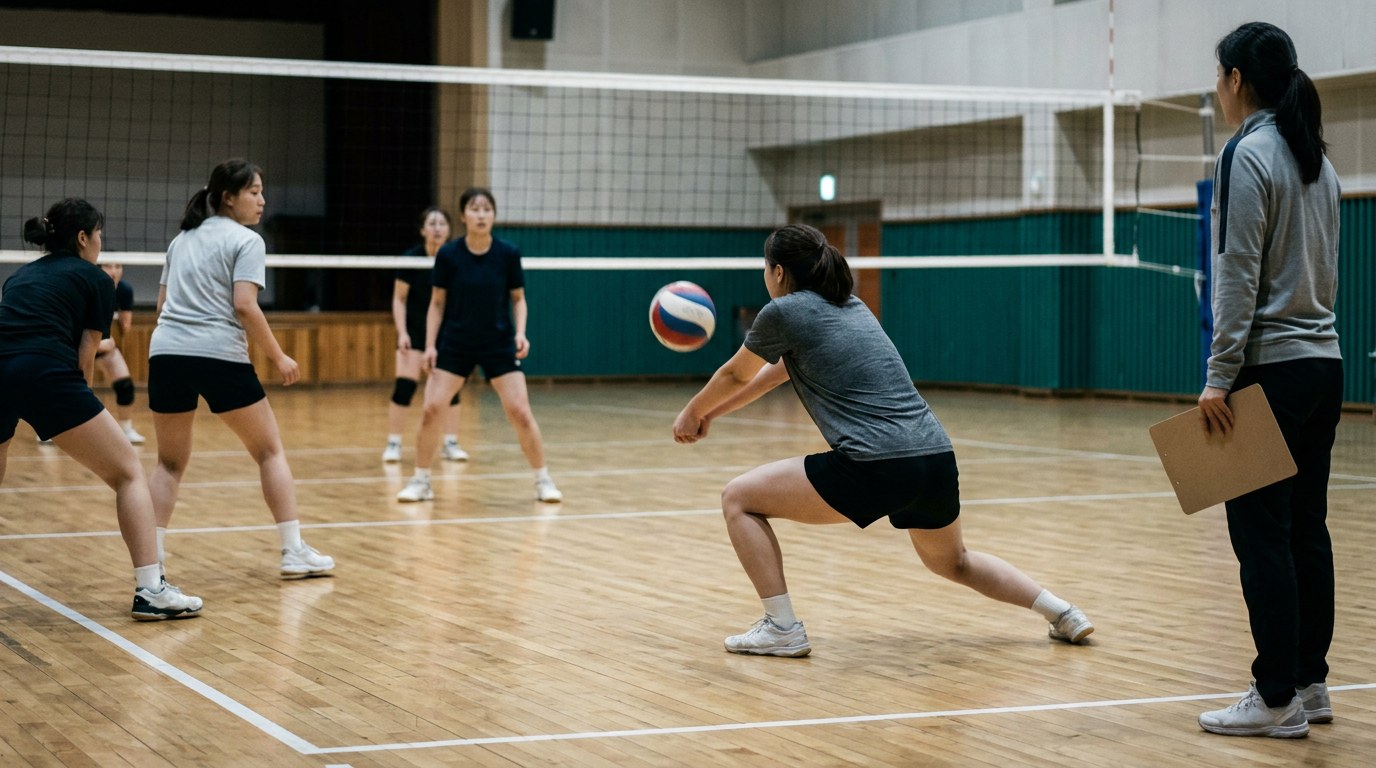 Women's volleyball players practicing defense during a tryout while a coach looks on