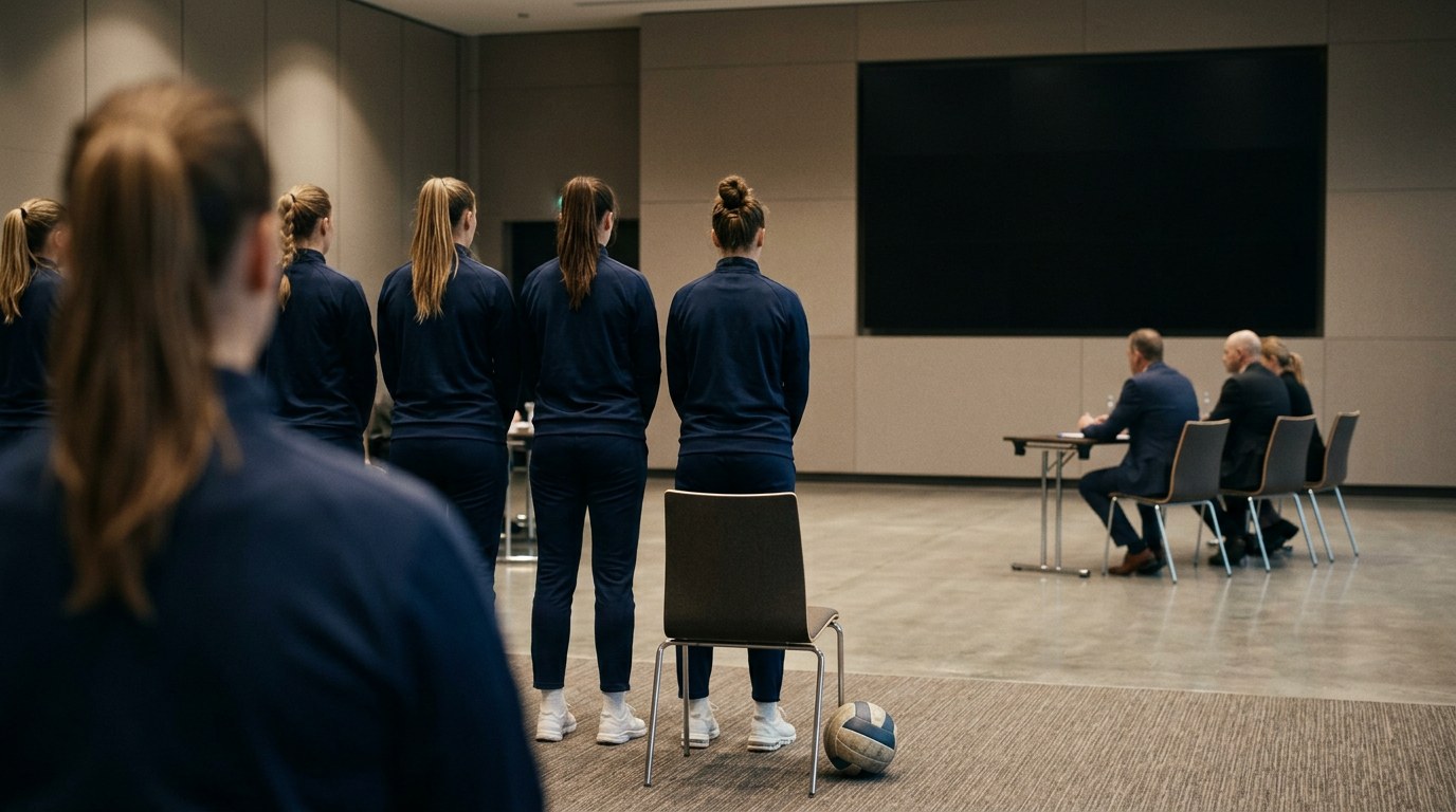 Volleyball players facing a panel of evaluators at a mock draft session