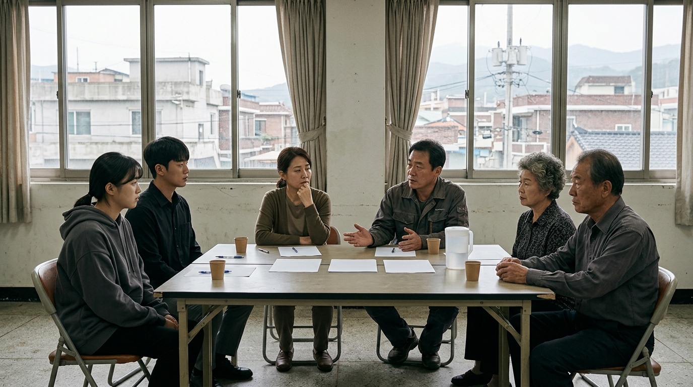 Diverse Korean residents discussing fairness and opportunity in a community meeting