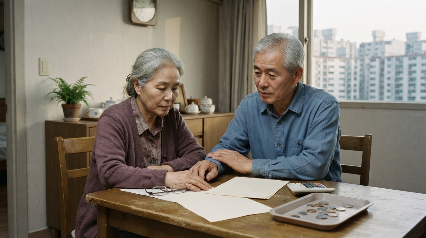 An elderly South Korean couple reviewing household finances at home