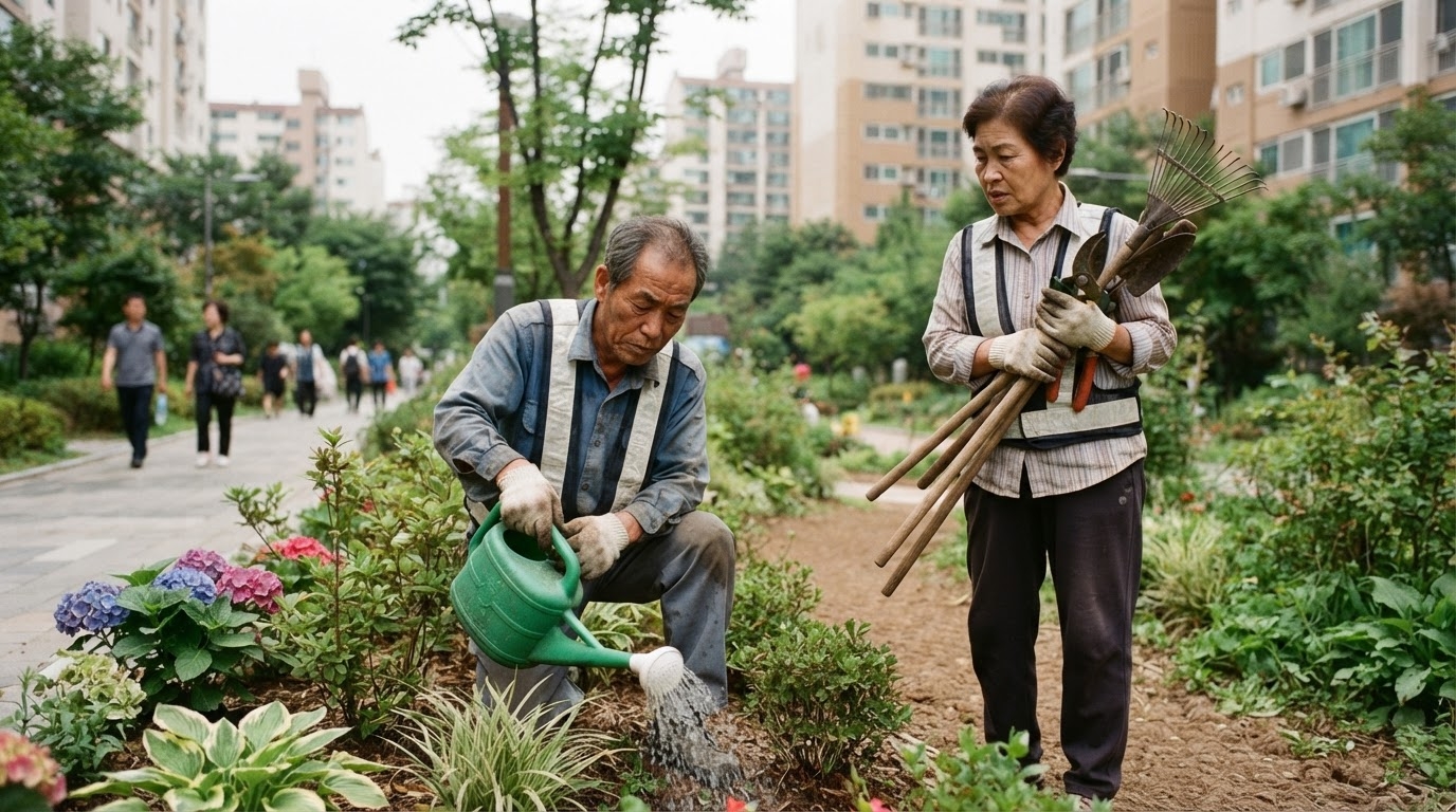 Older South Korean workers maintaining a public park, illustrating rising senior employment