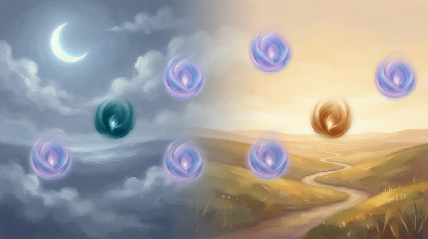 AI-generated editorial illustration: dreams and aspirations represented in a moonlit and sunlit landscape