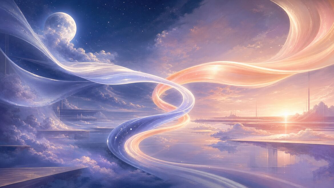 AI-generated editorial illustration: two luminous voice ribbons across a dream landscape