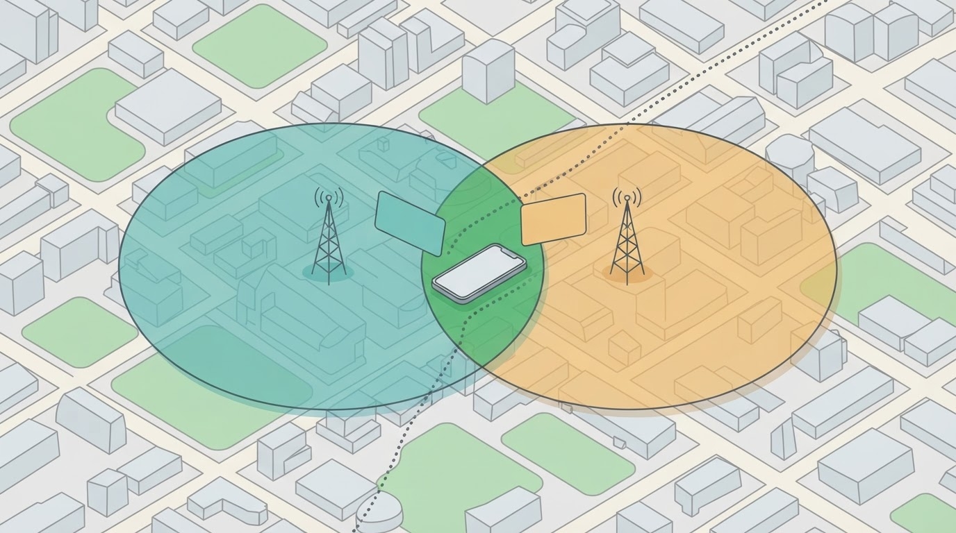 AI-generated editorial illustration: two overlapping radio coverage areas around a smartphone on an isometric city map