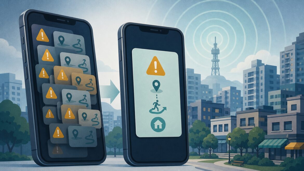 AI-generated editorial illustration: a smartphone with clearer disaster advisory notifications