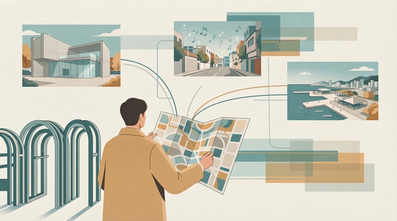 AI-generated editorial illustration: a traveler with an abstract map weighing separate Busan event destinations