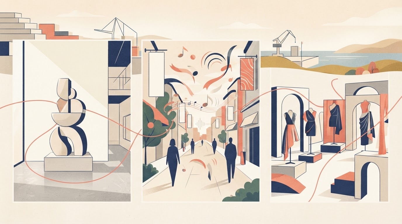 AI-generated editorial illustration: art, street music and fashion as late-October travel options