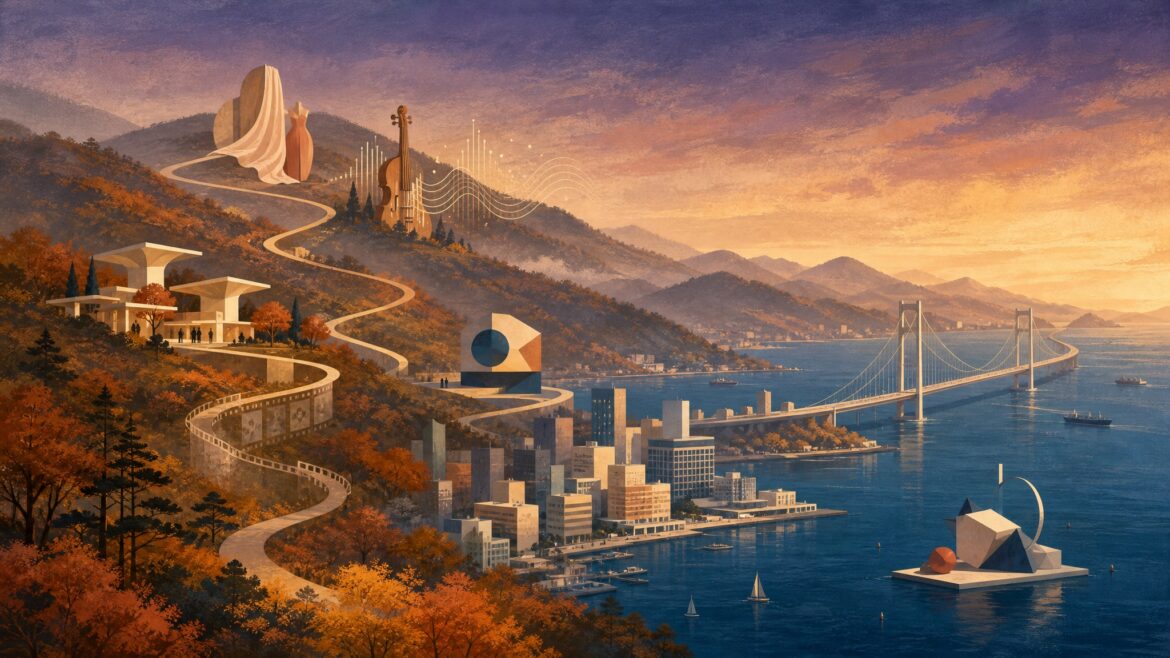 AI-generated editorial illustration: Busan cultural events linked across an autumn coastal cityscape