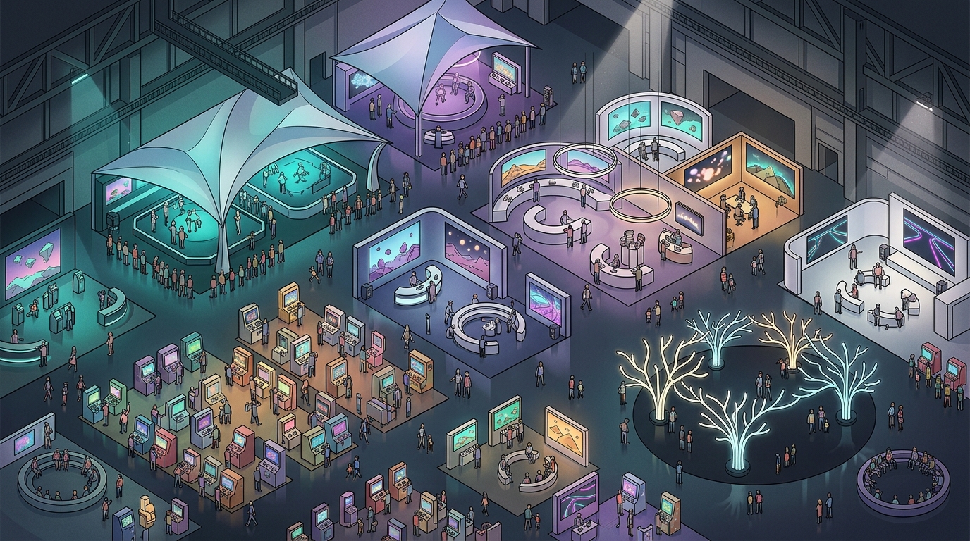 AI-generated editorial illustration: an overhead view of a game convention floor with booths, arcade cabinets and visitors