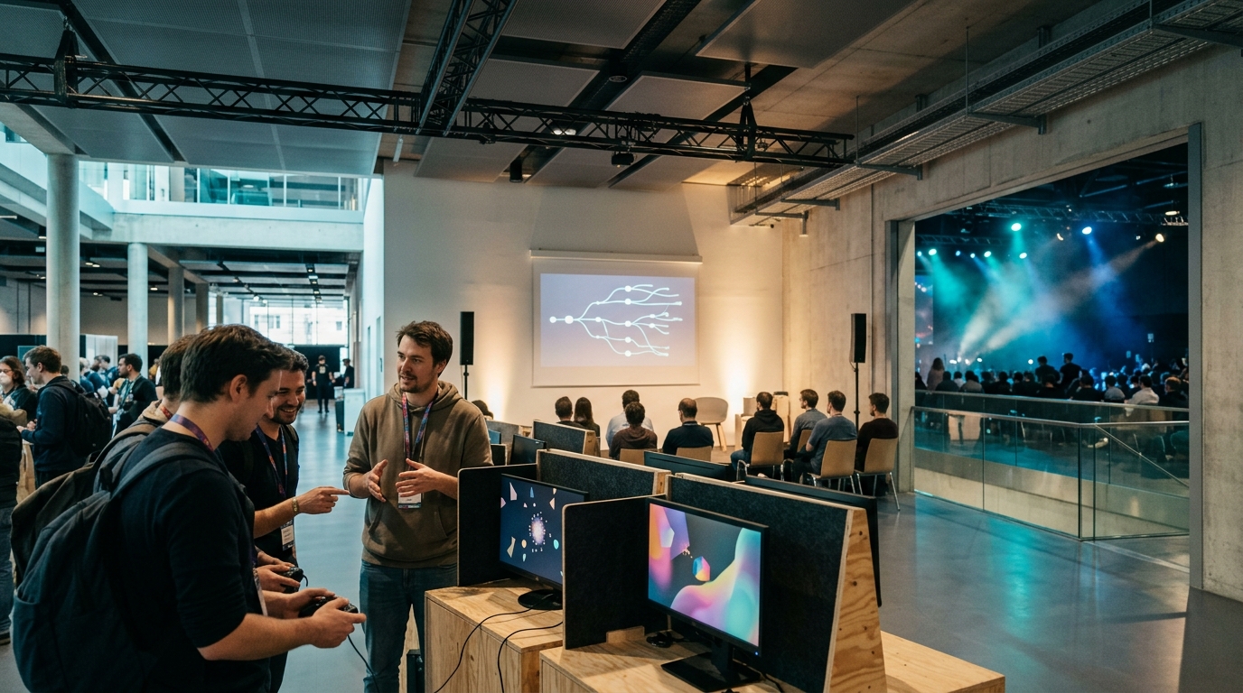 AI-generated editorial illustration: visitors trying indie games at demo stations near a conference talk and an esports stage
