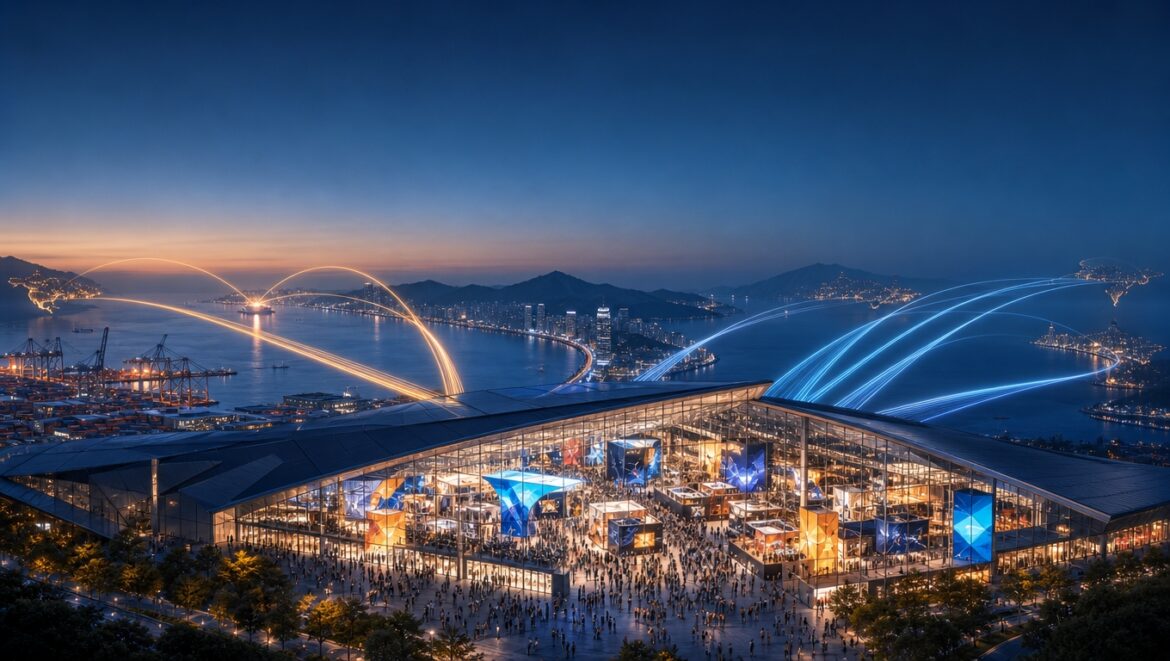 AI-generated editorial illustration: a waterfront exhibition hall in Busan at night with light trails linking it to other cities