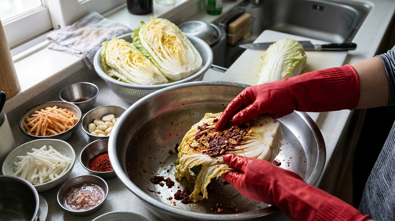 AI-generated editorial illustration: gloved hands rubbing seasoning paste into salted cabbage at a home kitchen sink