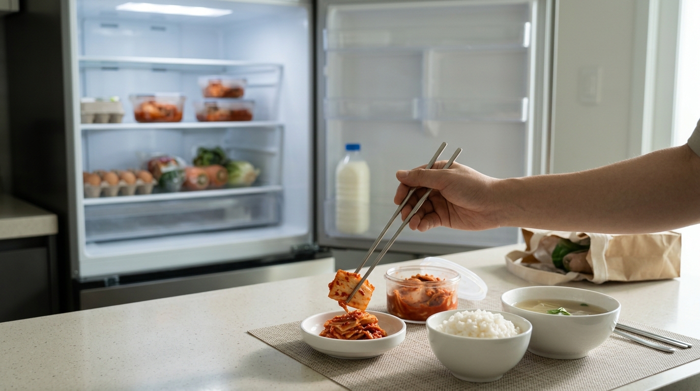 AI-generated editorial illustration: a small container of kimchi served with rice and soup in front of an open refrigerator