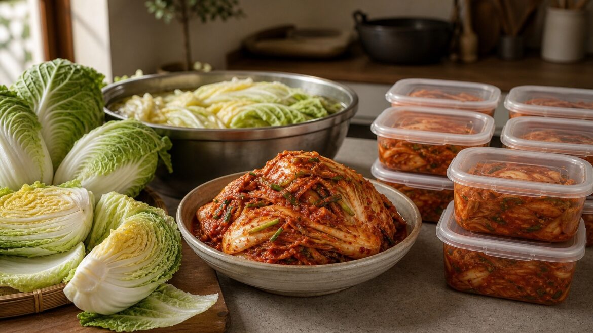 AI-generated editorial illustration: fresh and pre-salted napa cabbage beside a bowl of homemade kimchi and small packaged containers