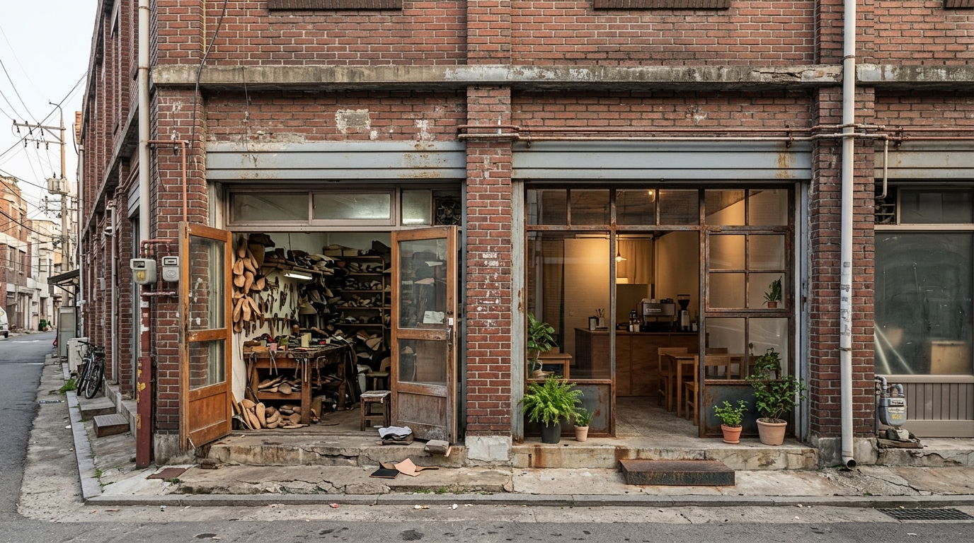 AI-generated editorial illustration: a shoemaking workshop and a small cafe side by side in a red-brick industrial building