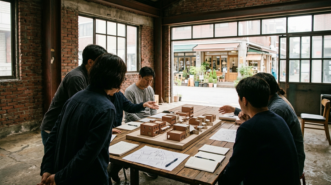 AI-generated editorial illustration: local residents discussing a model of low-rise brick buildings in a converted workshop