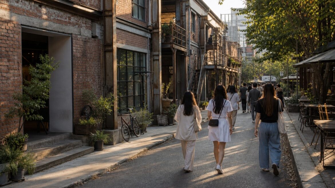 AI-generated editorial illustration: visitors walking a narrow street lined with red-brick former factory buildings and small cafes