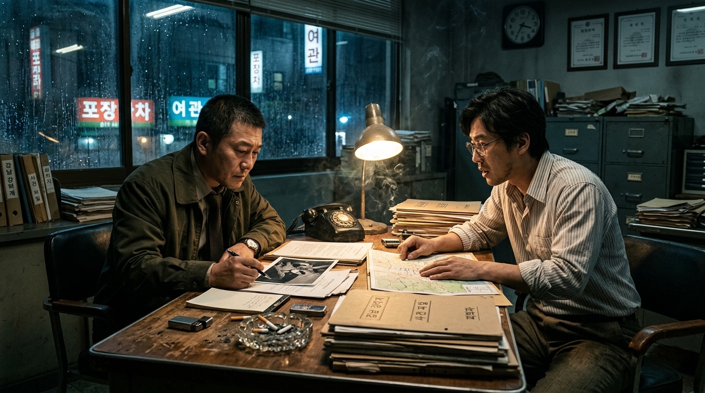 Cinematic 1970s-style investigative scene with a reporter and detective studying case files