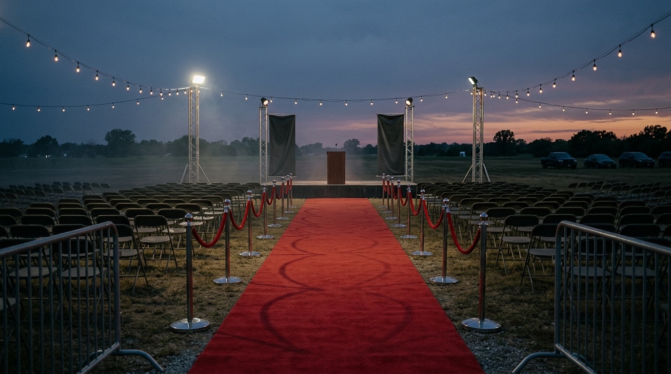 Empty outdoor film festival stage reflecting canceled promotional events