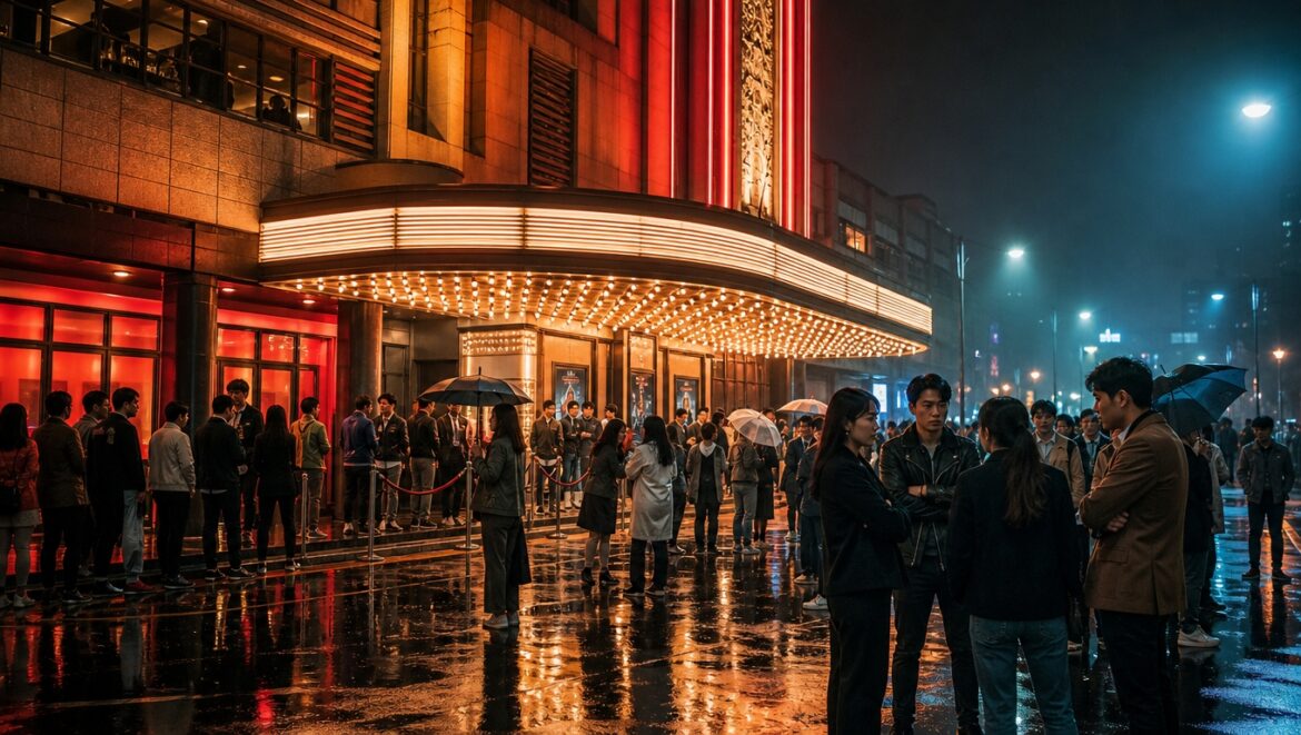 Korean movie theater at night with crowds gathering amid box office excitement