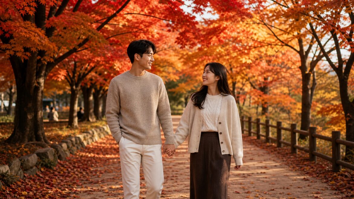 Korean couple walking hand in hand along a maple-lined autumn path