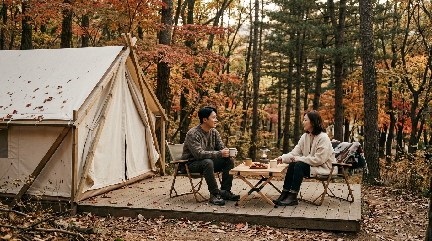 Korean couple enjoying an autumn glamping date in a wooded campsite