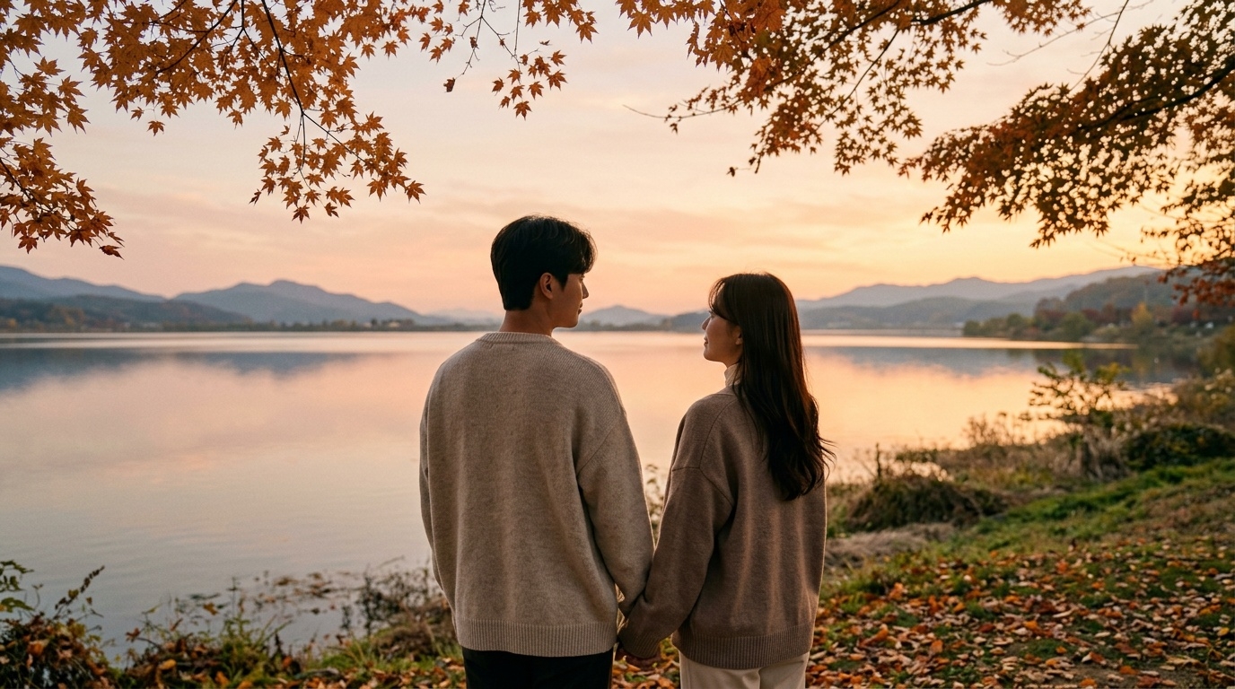 Korean couple watching a sunset together by a lakeside park in autumn