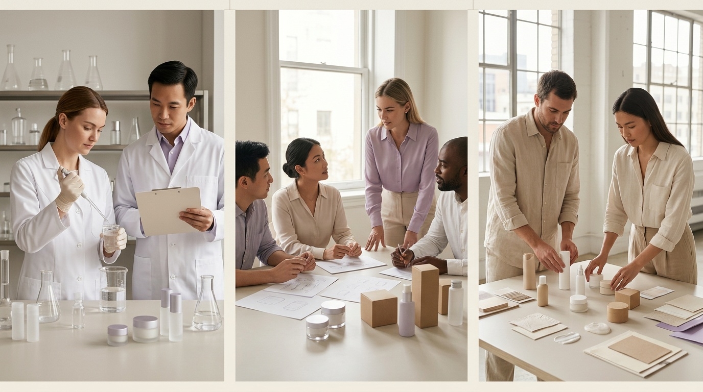 Triptych illustrating K-beauty research, investment, and retail expansion pathways
