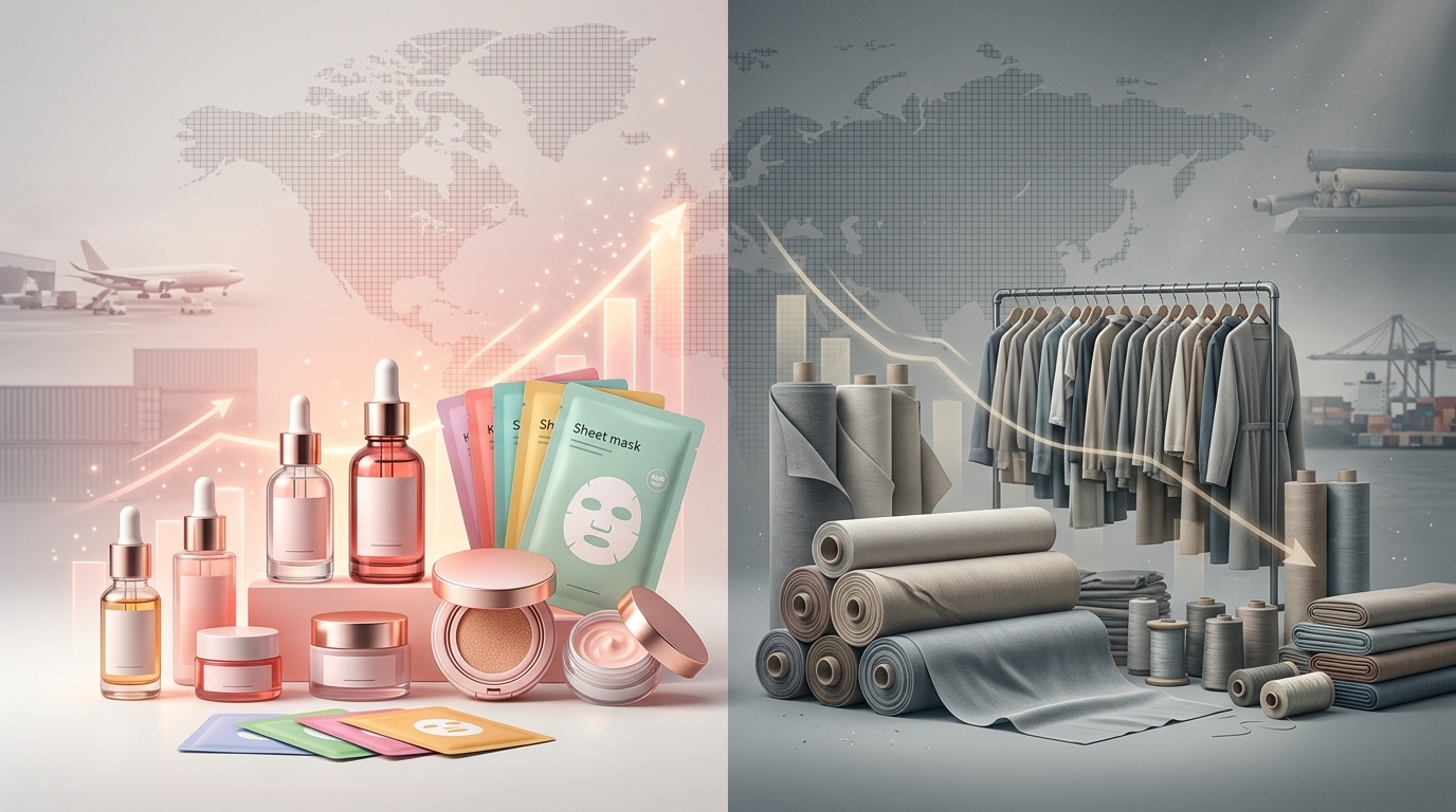 Split illustration of rising K-beauty exports versus declining textile and apparel exports