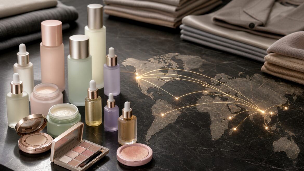 Korean beauty products displayed with a world export map