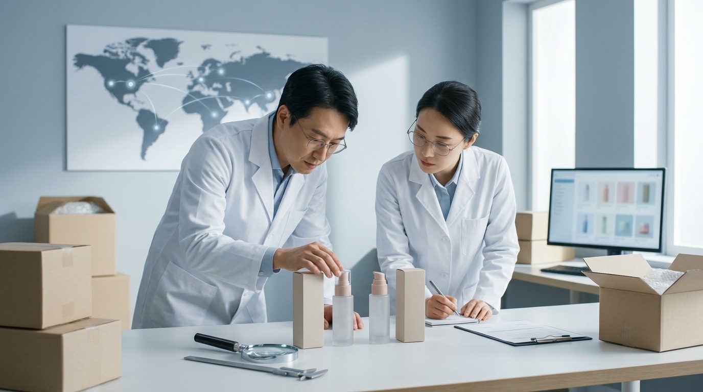 Specialists inspecting cosmetics packaging for intellectual property protection