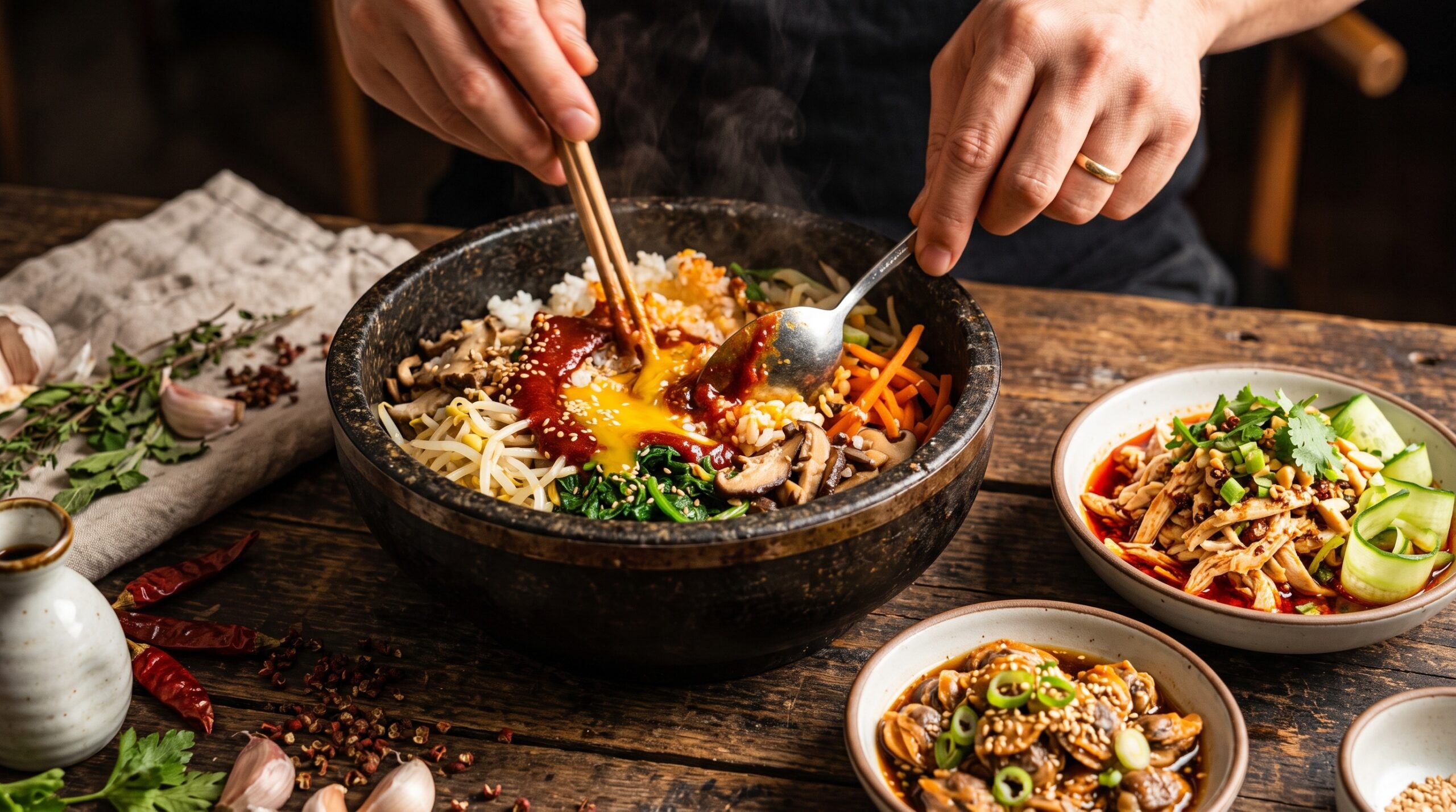 Close-up of hands preparing Korean bibimbap and spicy dishes side by side