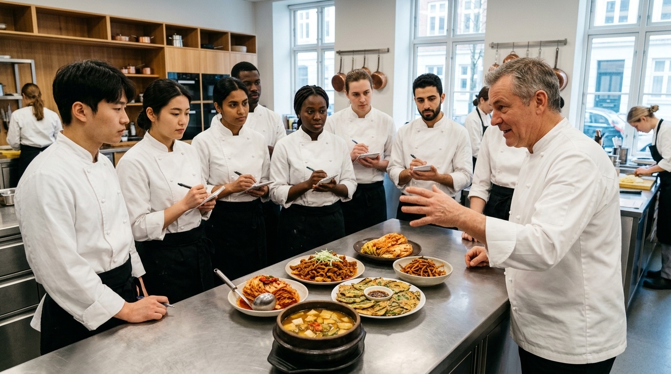 Culinary students learning Korean cuisine at an international cooking school