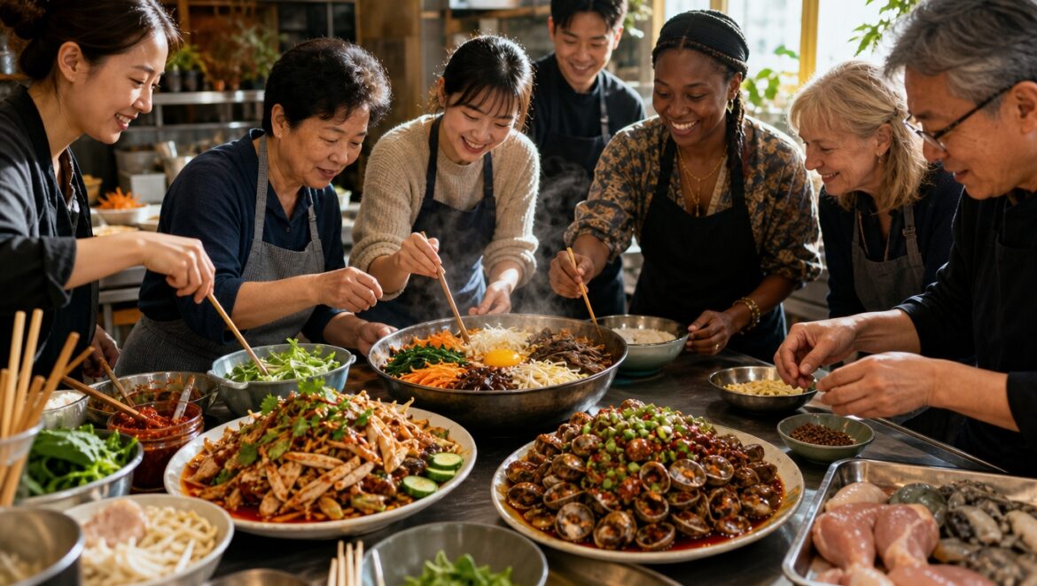 Korea-China culinary exchange workshop featuring kkomak-muchim, bibimbap, and mala chicken salad