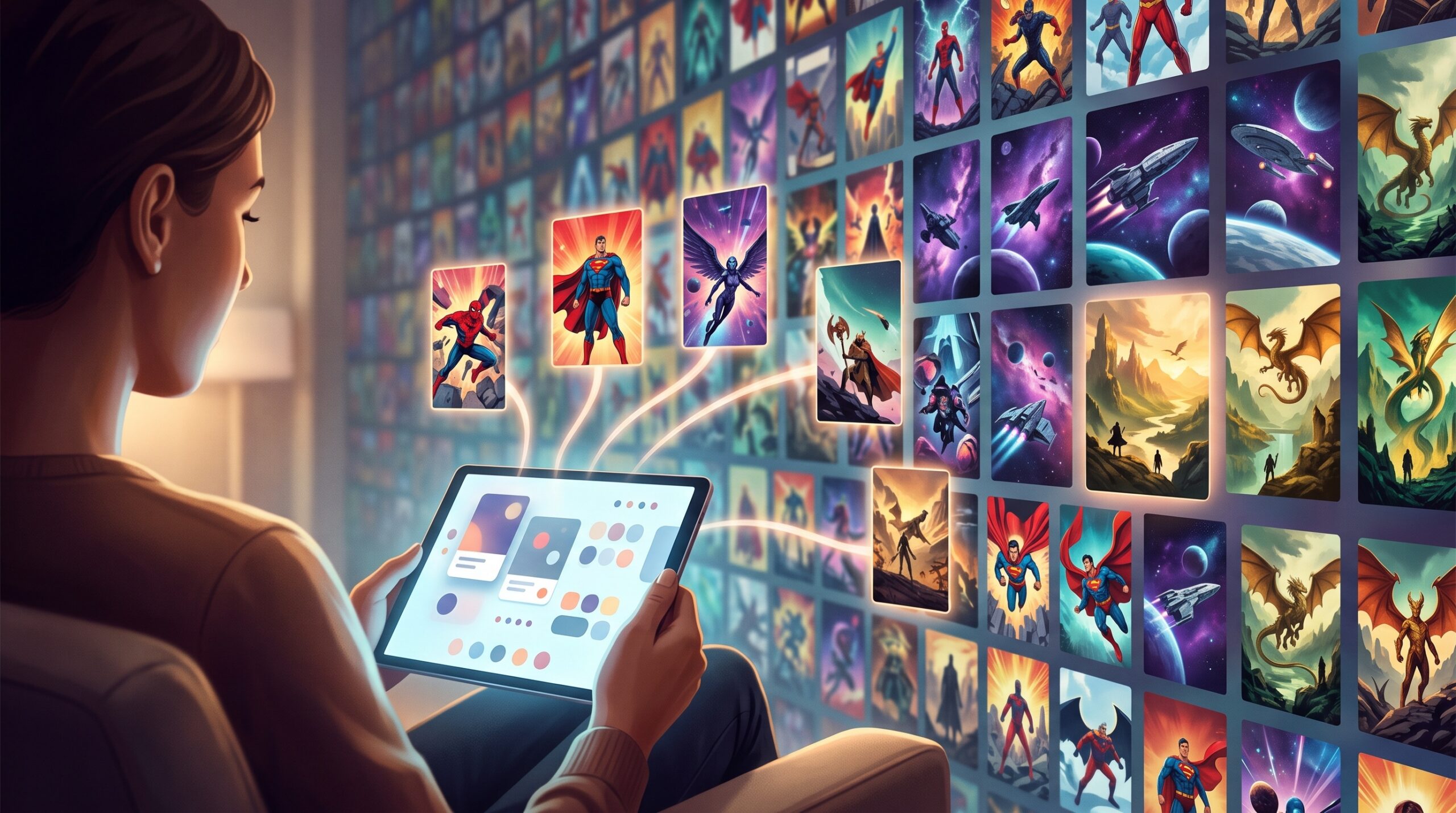 Reader using tablet with personalized comic recommendations